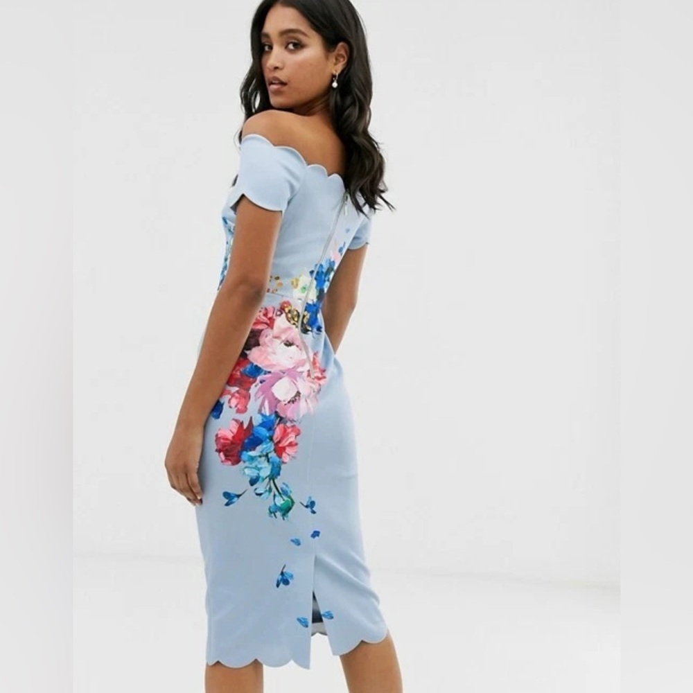 Ted Baker London Powder Blue Floral Off-Shoulder Midi Dress